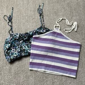 Cami Crop Top 2 Piece Bundle Purple Halter Blue Floral - Size S
